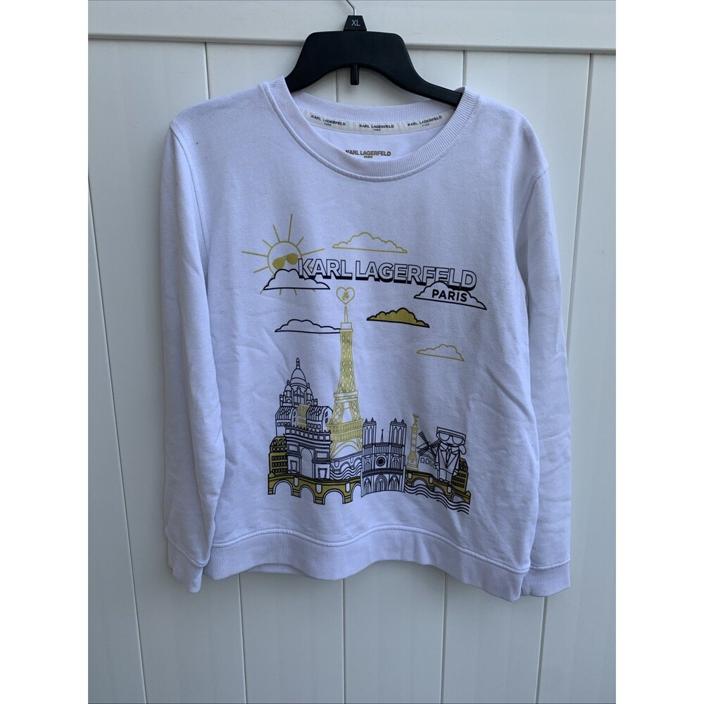 Karl Lagerfeld Paris Size Medium White Long Sleeve Sweater Eiffel Tower